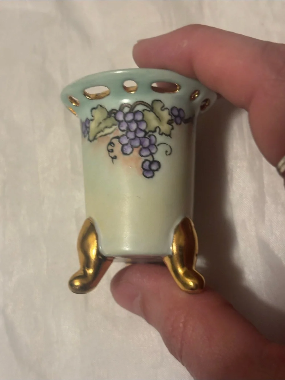 Antique Hand-Painted Grape Motif Porcelain toothpick or matches holder Gold feet